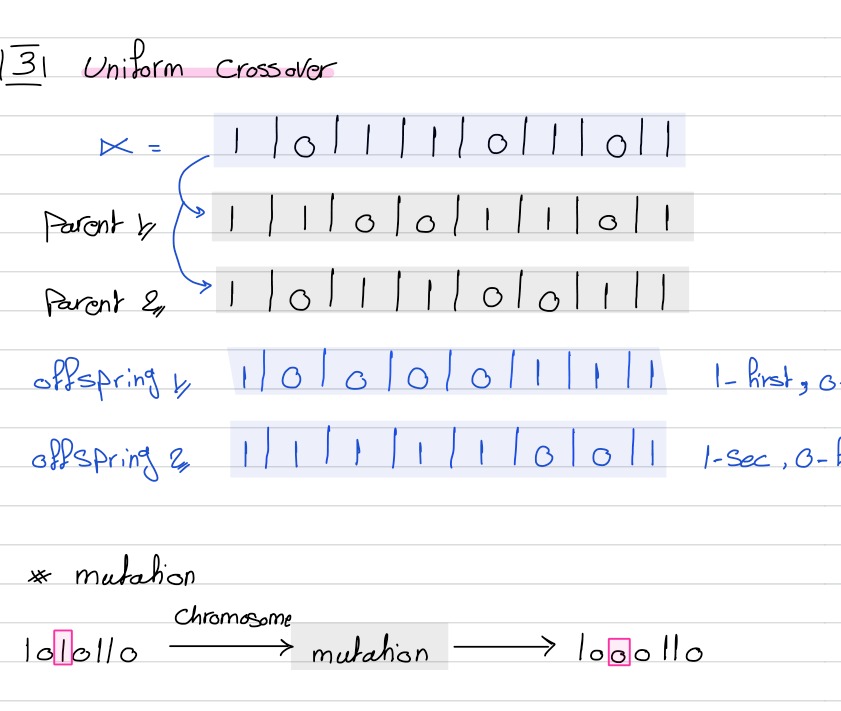 Uniform crossover using a binary mask, and a mutation flipping a single bit