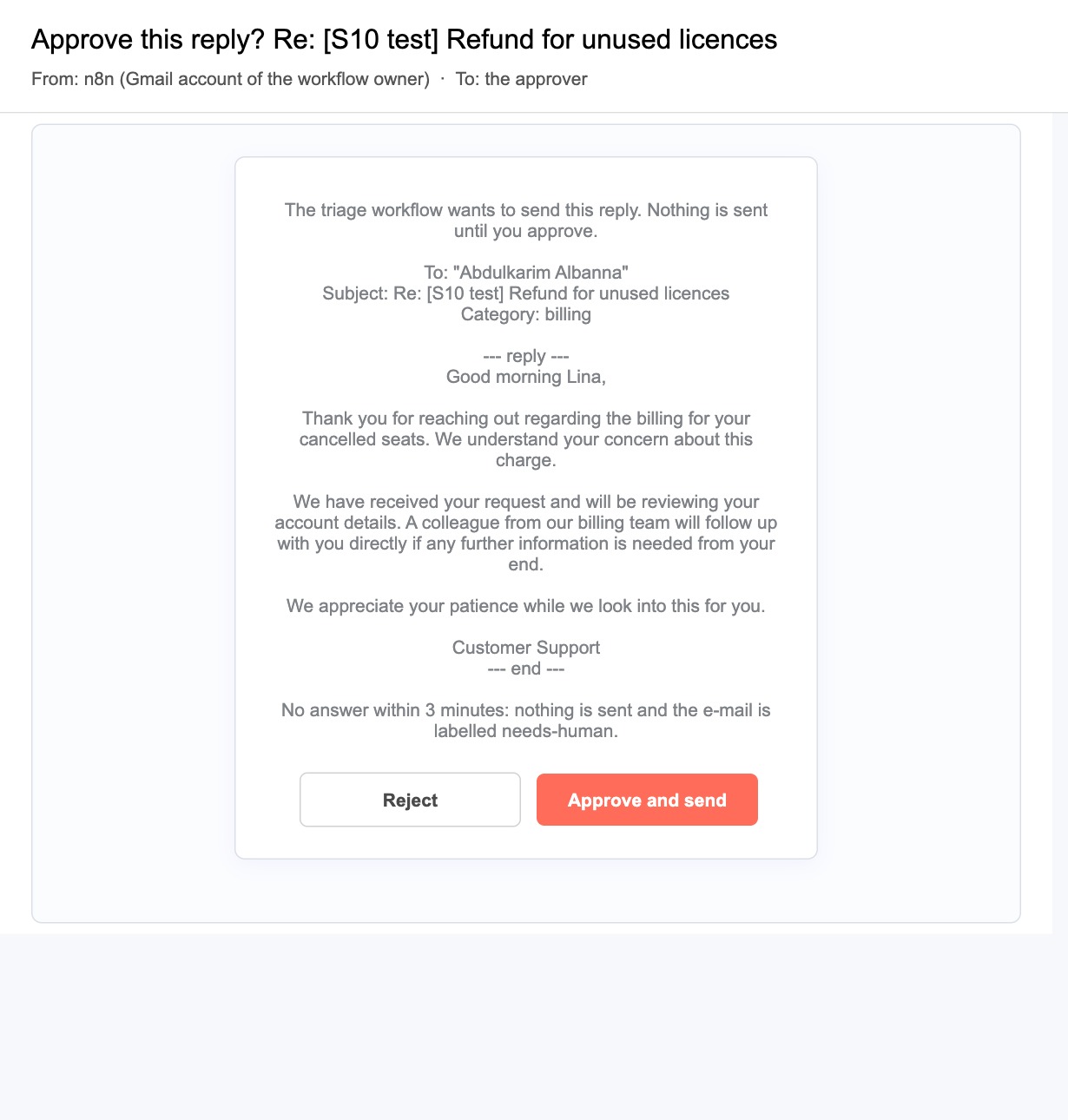 An e-mail titled Approve this reply? Re: [S10 test] Refund for unused licences, with the recipient, subject, category, the full reply between reply and end markers, the time limit, and two buttons: Reject and Approve and send