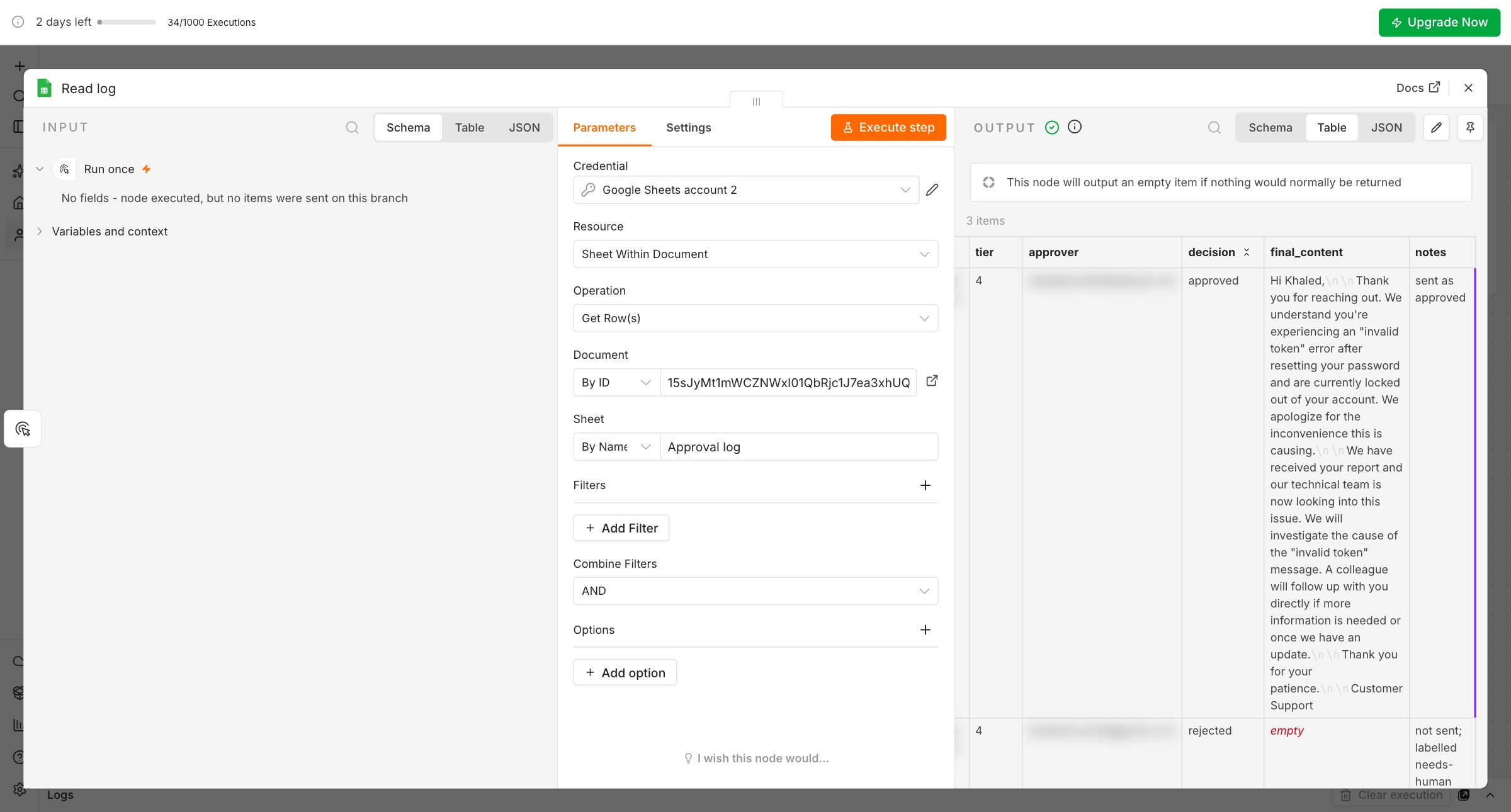 The Approval log read back in n8n: rows with timestamp, workflow, run_id, action_proposed and the decision