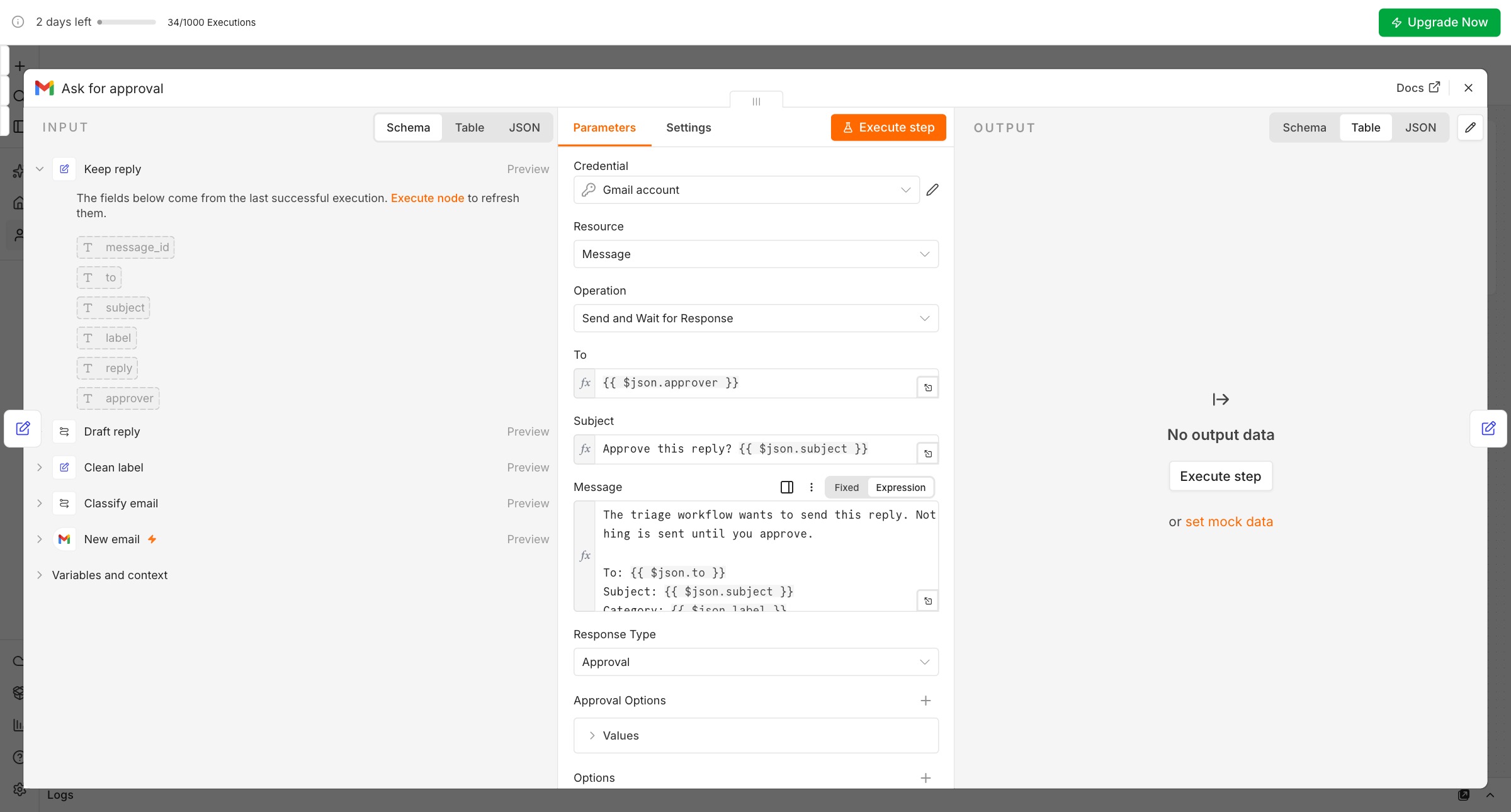 The Gmail node Ask for approval: operation Send and Wait for Response, To the approver, Subject Approve this reply?, the message with To, Subject and the reply, Response Type Approval