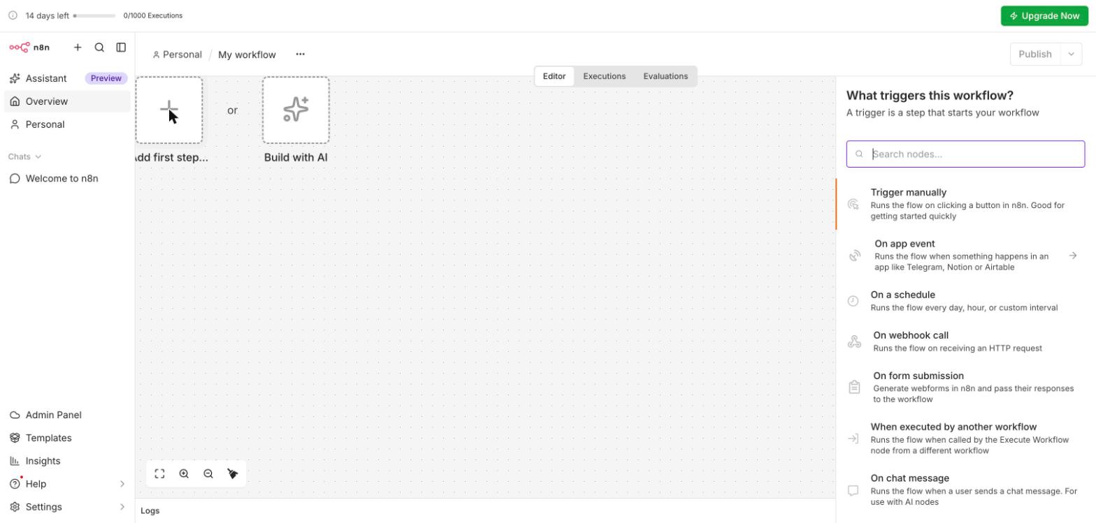 n8n's trigger picker: manually, on an app event, on a schedule, on webhook call, on form submission, when executed by another workflow, on chat message