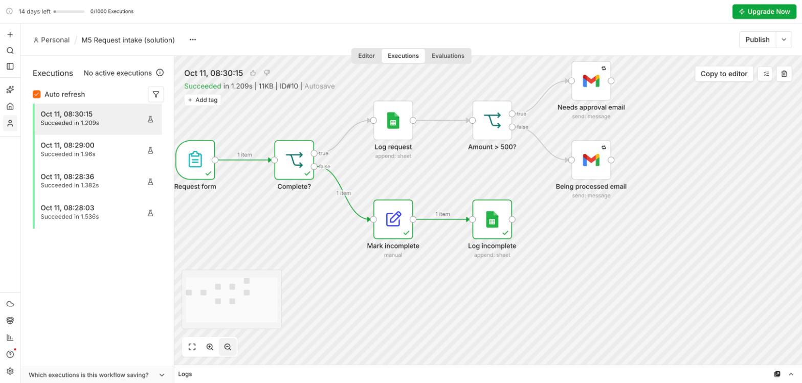 The finished lab workflow in the Executions view, run 3 taking the incomplete path
