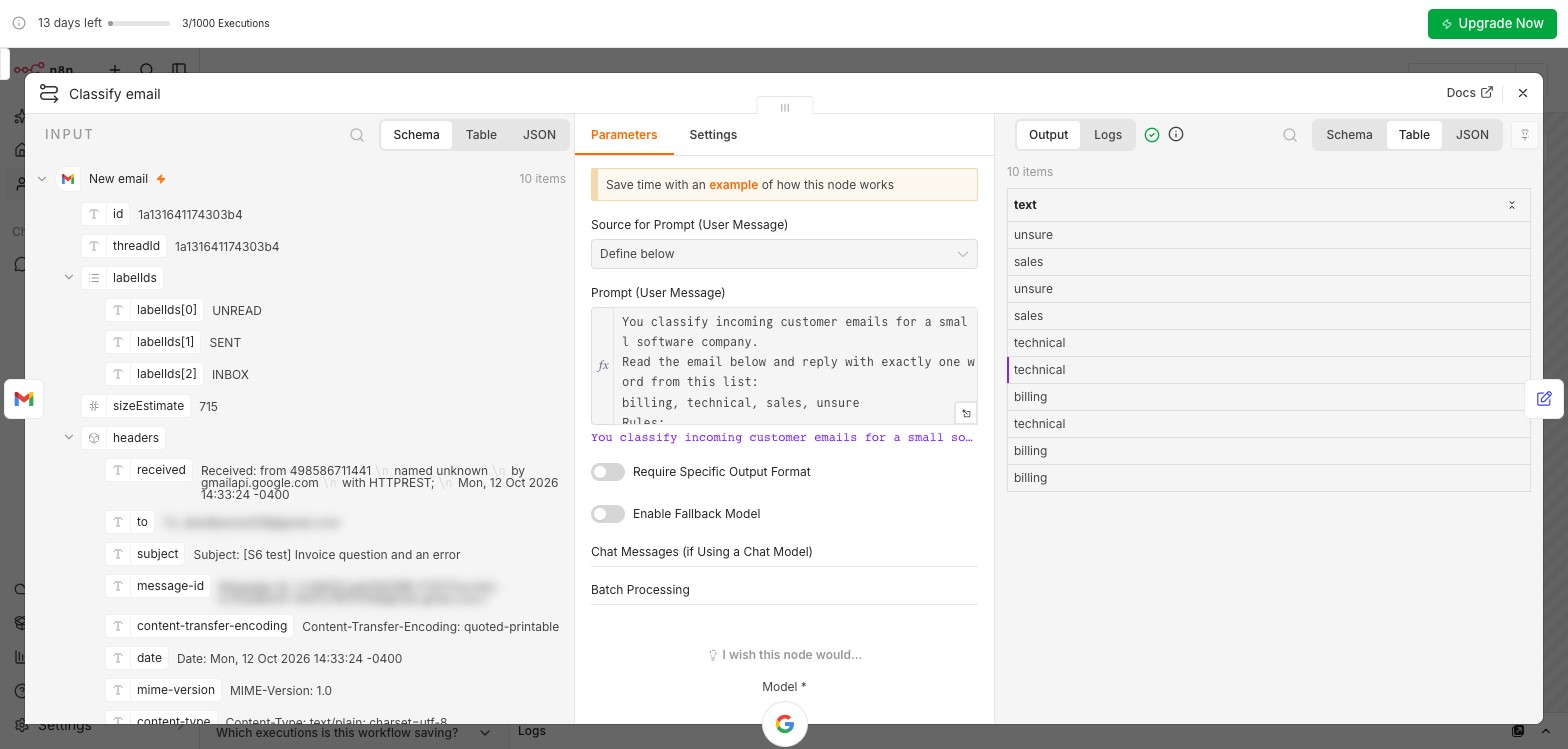 The Classify email node: the prompt defined below on the left and the output on the right, one word per e-mail for ten items