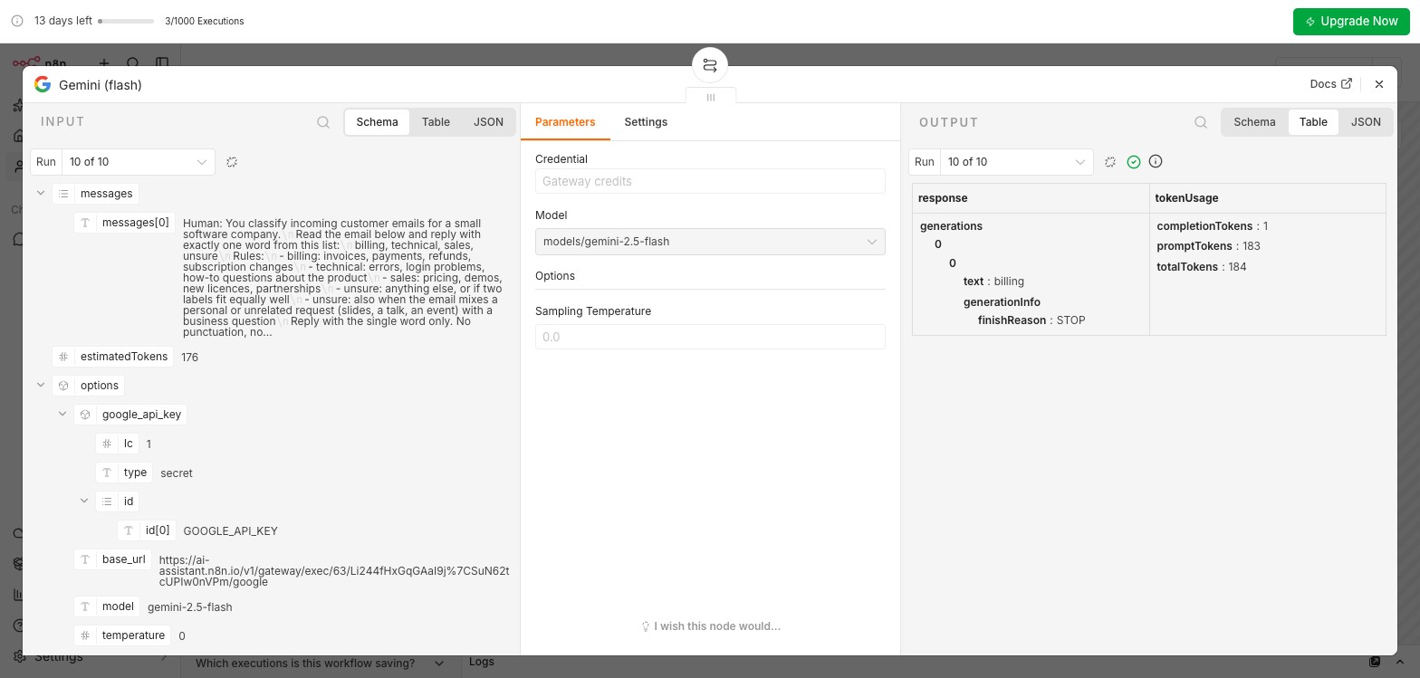 The Gemini sub-node for run 10 of 10: the full prompt in, billing out, and tokenUsage with 183 prompt tokens and 1 completion token