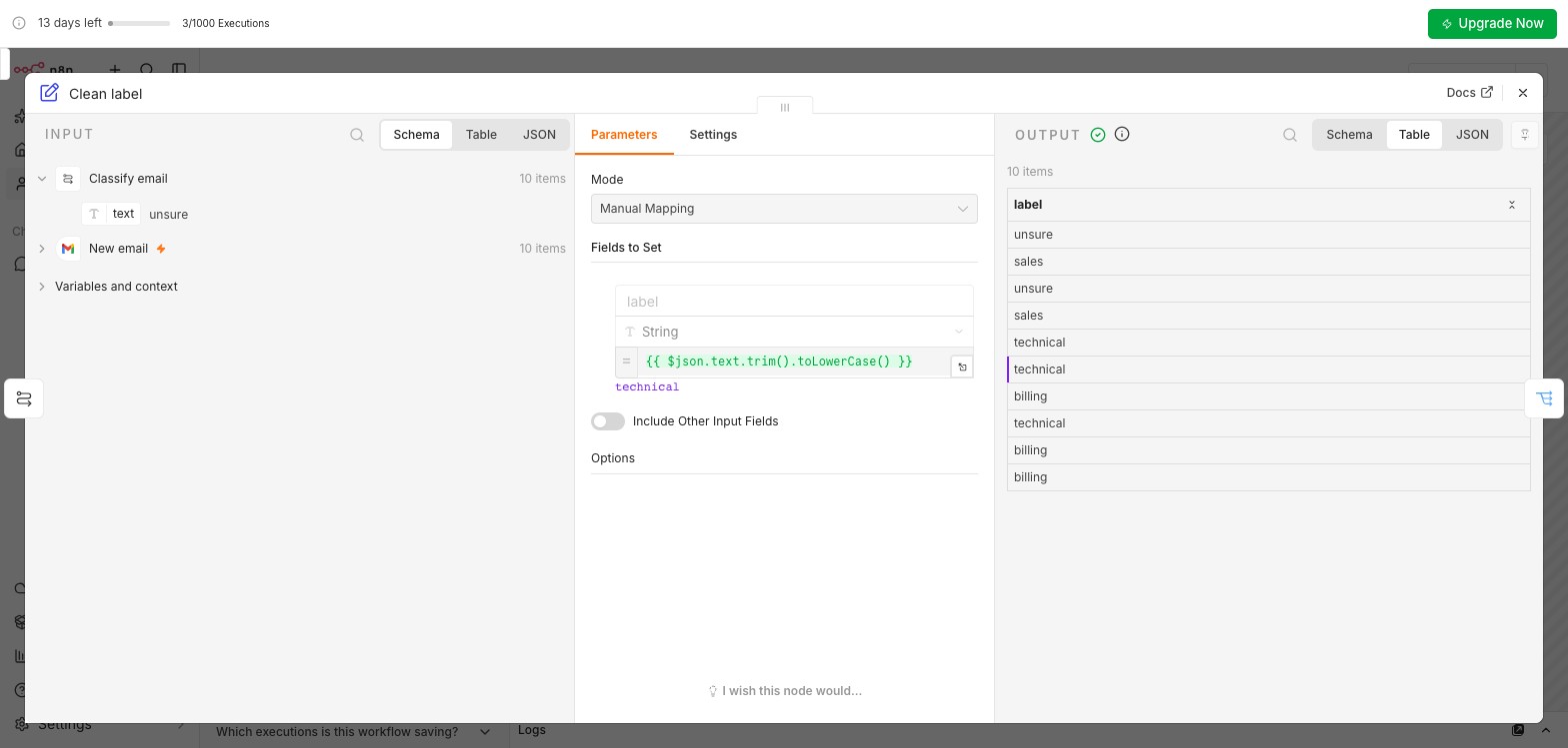 The Clean label Edit Fields node with label set to the expression json.text.trim().toLowerCase()