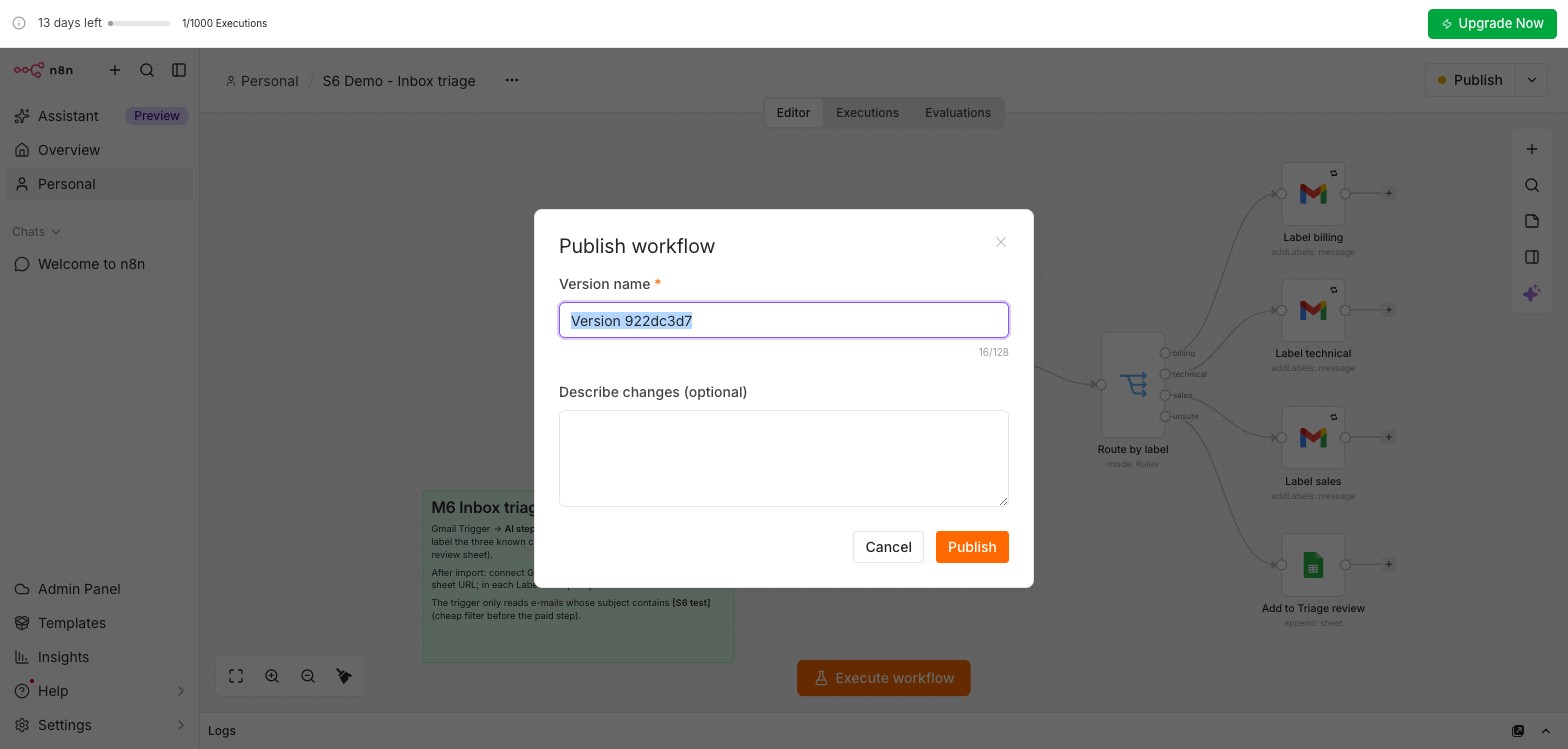 The n8n Publish workflow dialog: a required Version name field with a generated default, and an optional Describe changes box
