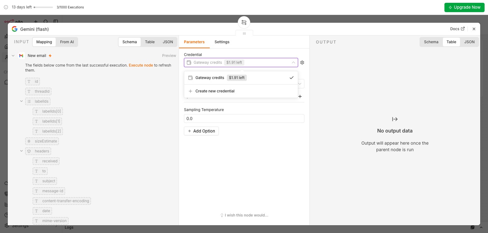 The Google Gemini Chat Model node with the Credential list open, showing Gateway credits with $1.91 left, and Create new credential