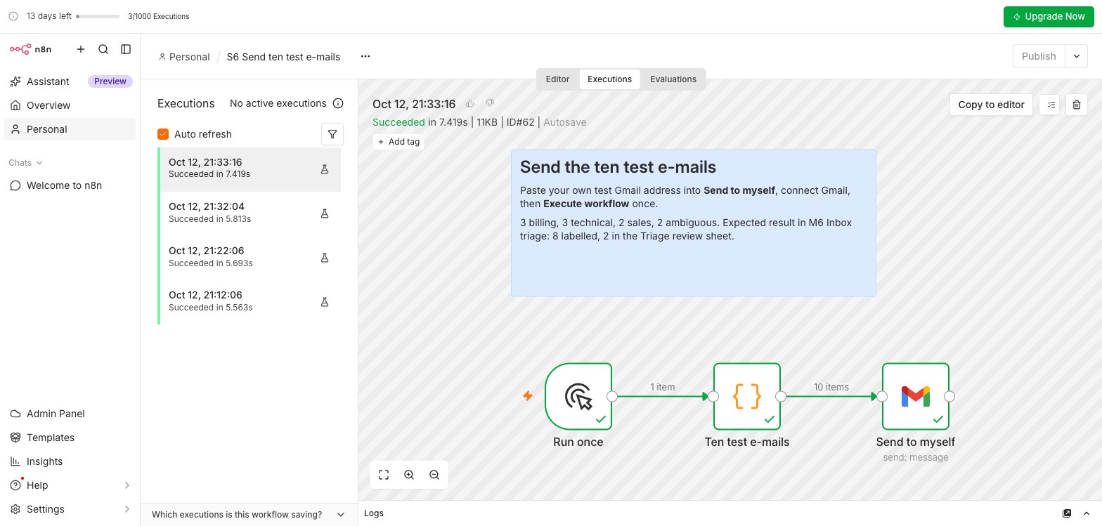 The S6 Send ten test e-mails helper workflow: a Code node with ten items feeding a Gmail Send to myself node