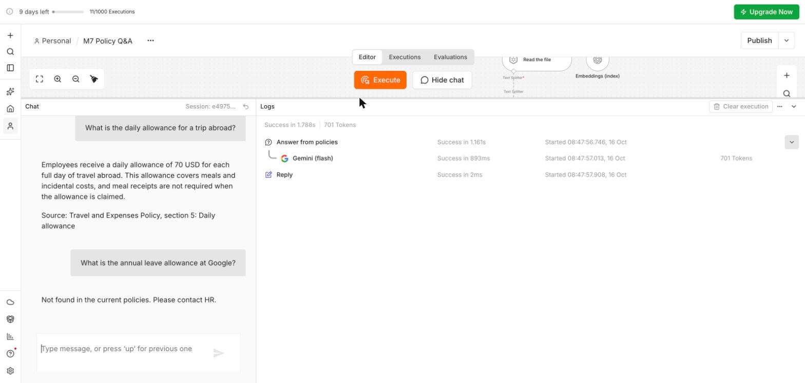 The n8n test chat: the daily allowance question answered with 70 USD and the Travel and Expenses Policy section 5 as source; the Google question answered Not found