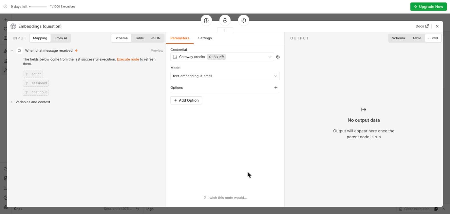 Embeddings OpenAI node with Credential Gateway credits and model text-embedding-3-small