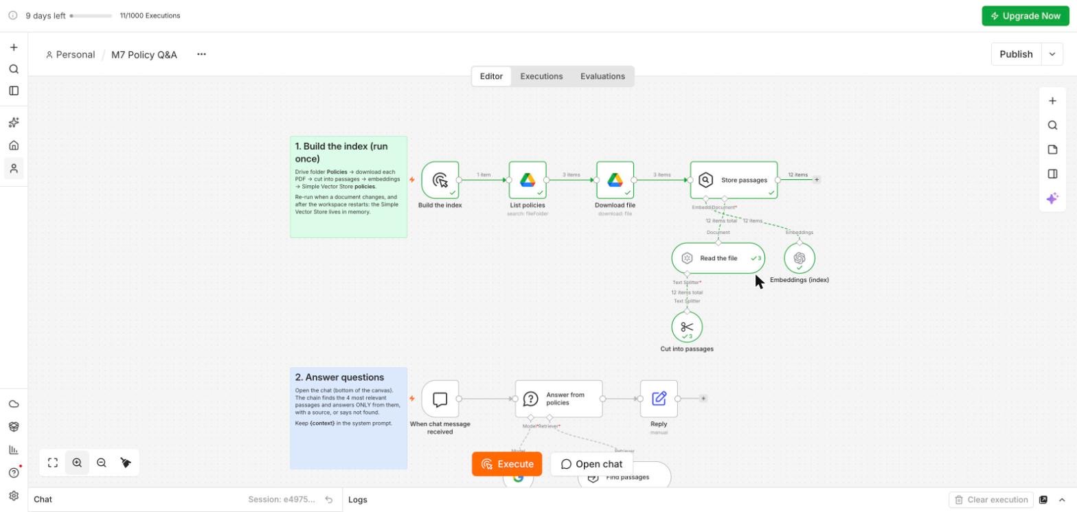 The index branch: Build the index, List policies, Download file and Store passages, with Read the file, Cut into passages and Embeddings under the store; 3 items in, 12 items out