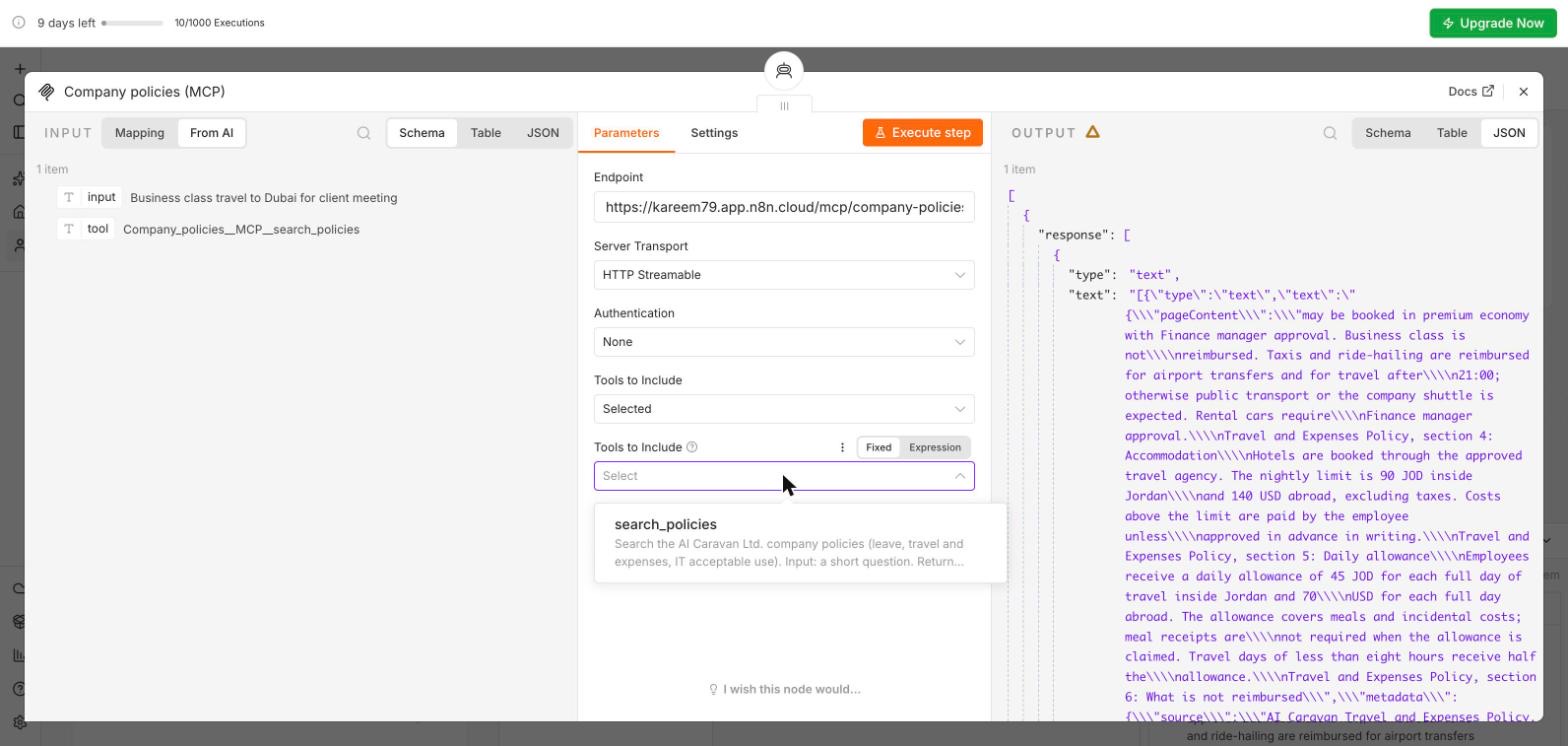 MCP Client Tool node with Tools to Include set to Selected and the search_policies tool listed from the server