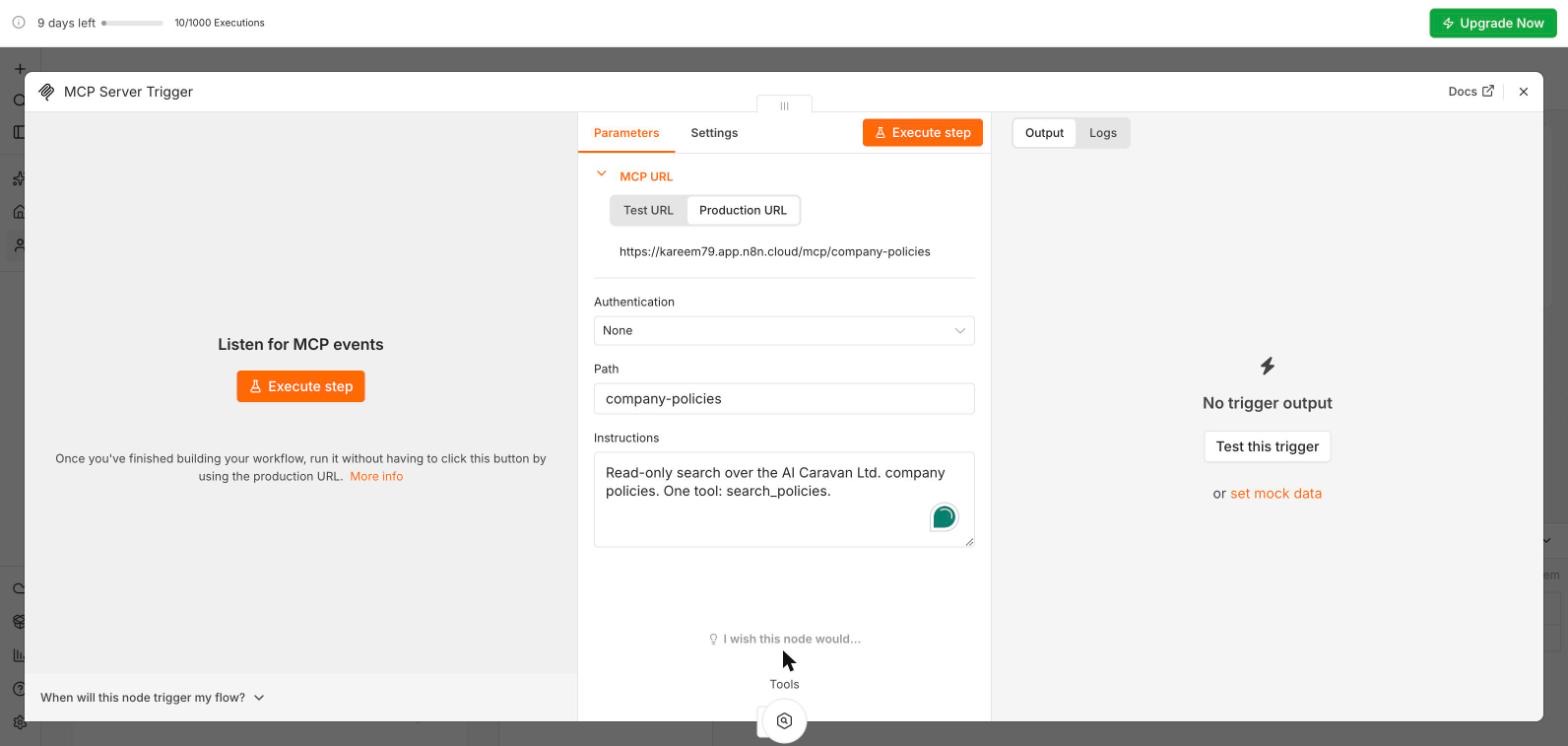 MCP Server Trigger node showing the Production URL ending in /mcp/company-policies, Authentication None and the Instructions field