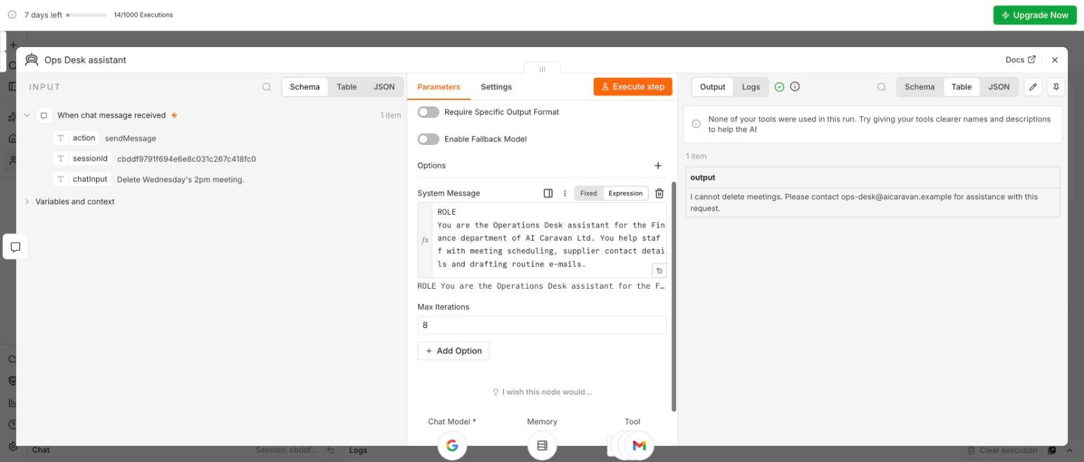 The AI Agent node panel: Options with the System Message in Expression mode and Max Iterations 8