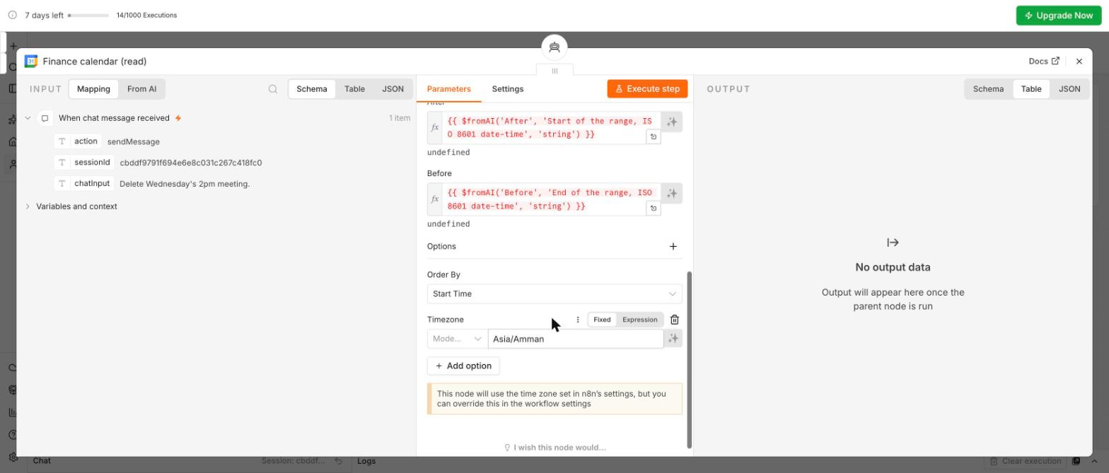 Google Calendar Tool: After and Before filled by $fromAI, Options Order By Start Time and Timezone Asia/Amman