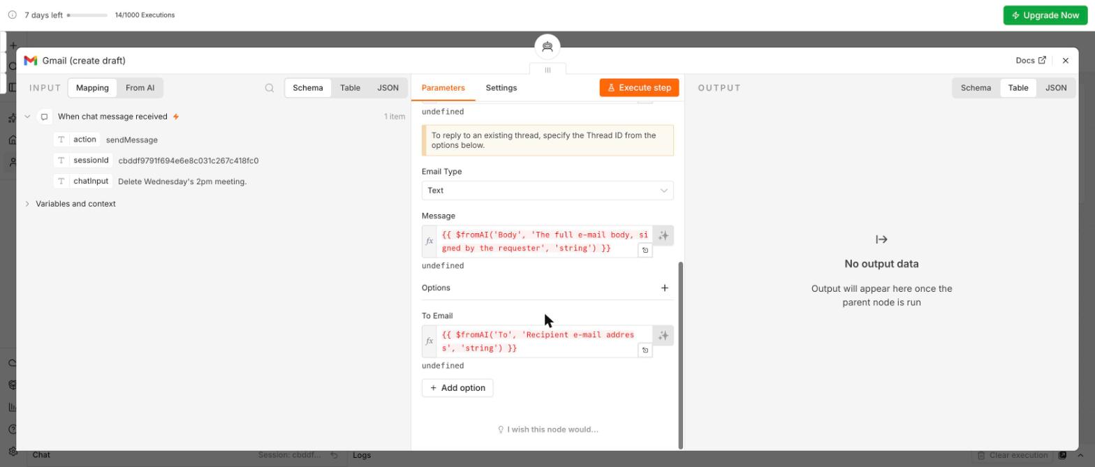 Gmail Tool: Resource Draft, Operation Create; Message and To Email filled by the model