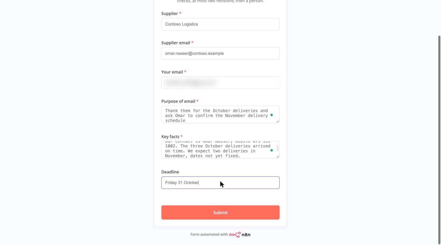 The n8n form: Supplier, Supplier email, Your email, Purpose of email, Key facts, Deadline