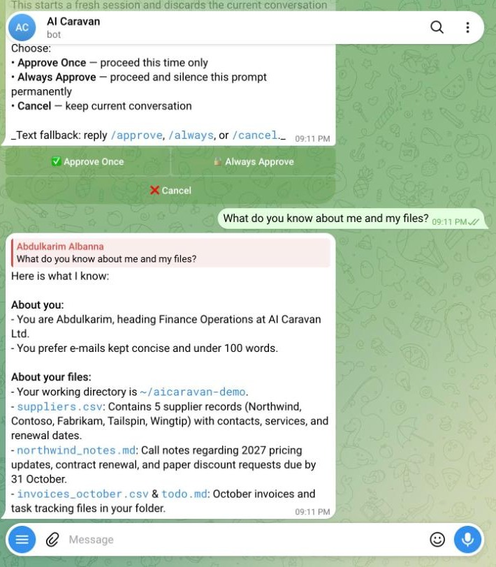 Telegram chat after /new: Here is what I know: you are Abdulkarim, heading Finance Operations at AI Caravan Ltd.; you prefer e-mails under 100 words; your working directory is aicaravan-demo; suppliers.csv contains 5 supplier records
