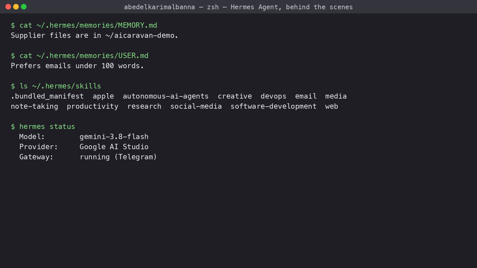A terminal: cat of MEMORY.md and USER.md showing the two remembered facts, ls of twelve skill folders, hermes status