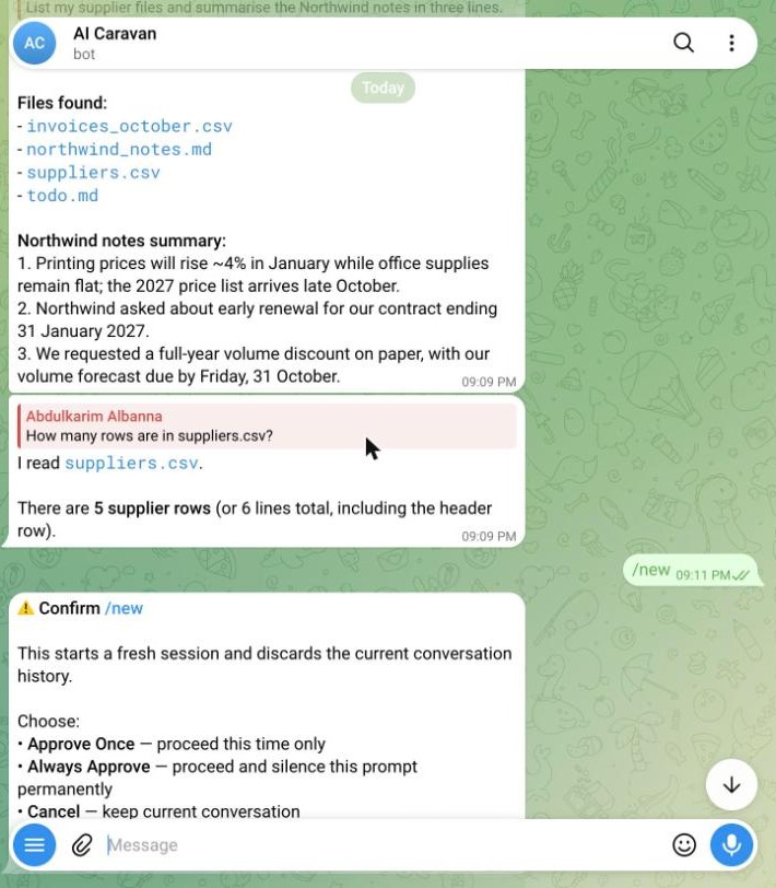Telegram chat with the Hermes bot: files found in aicaravan-demo, a three-line summary of the Northwind notes, and I read suppliers.csv: there are 5 supplier rows