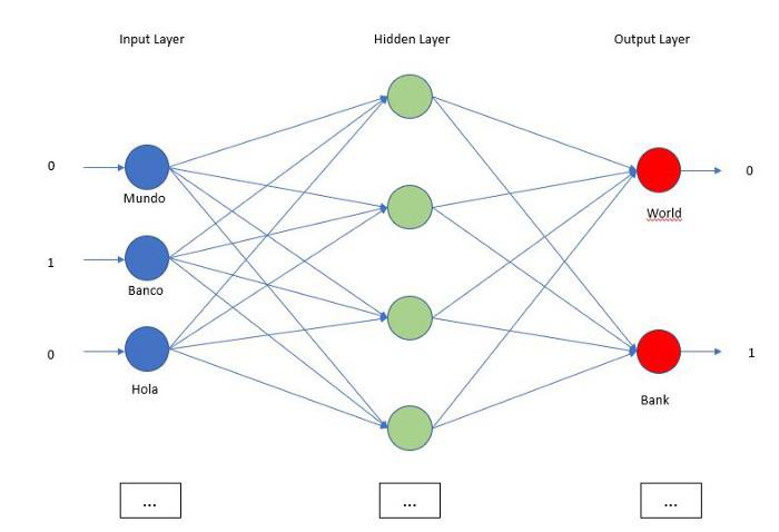 Feed forward neural network with input, hidden and output layers translating Spanish words to English