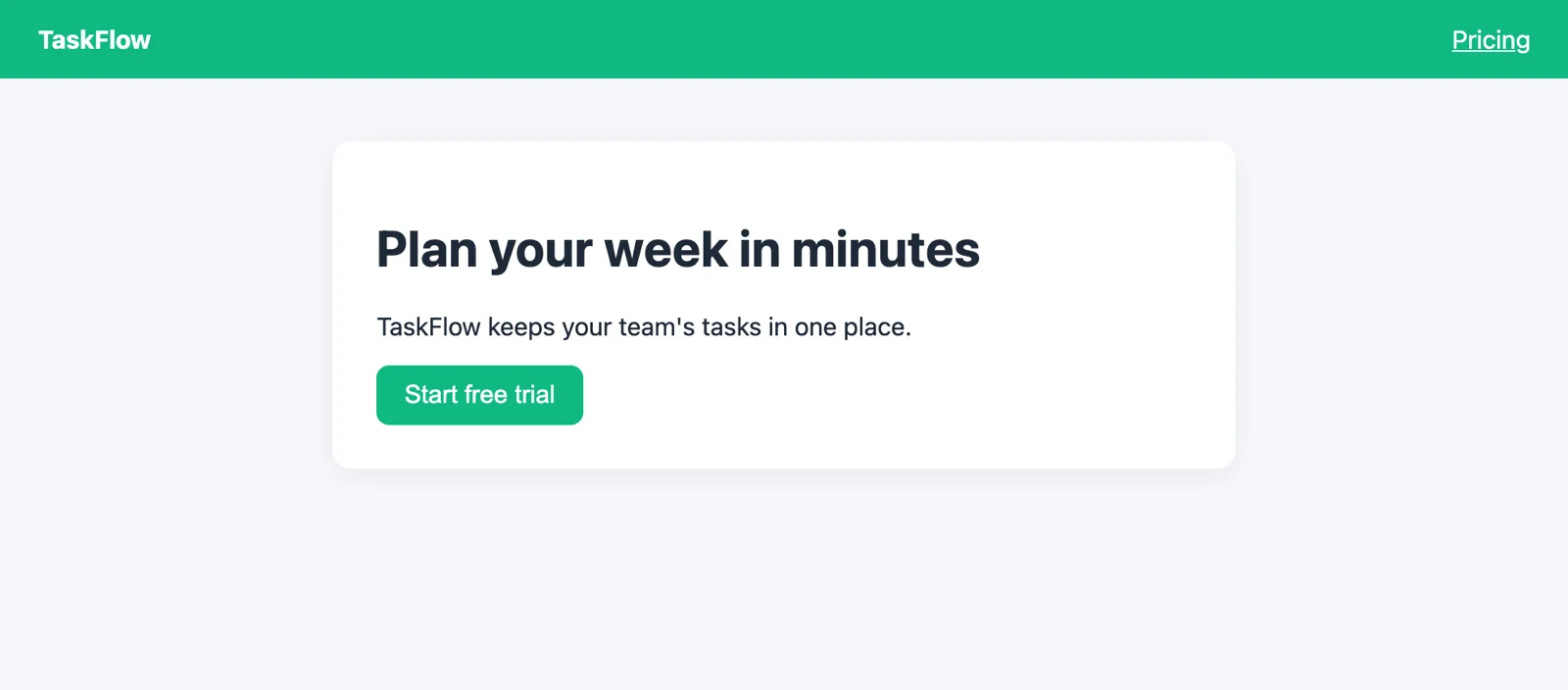 TaskFlow landing page with a Start free trial button