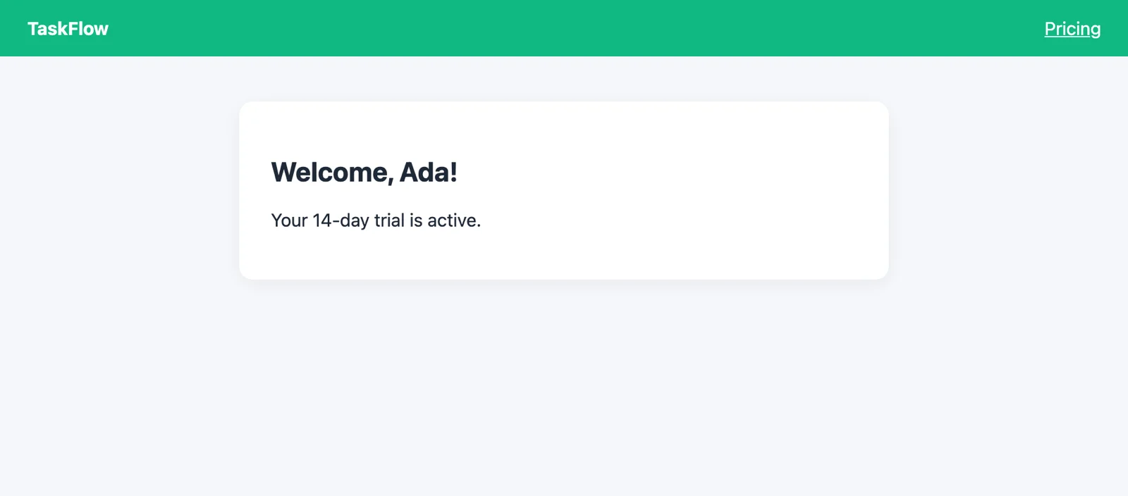 TaskFlow welcome screen reading Welcome, Ada! Your 14-day trial is active