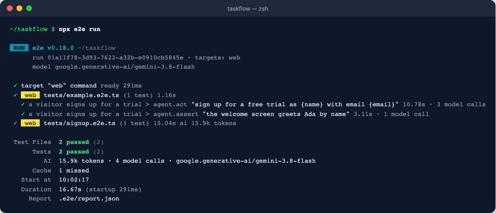 Terminal output of npx e2e run with two passing tests and AI token usage