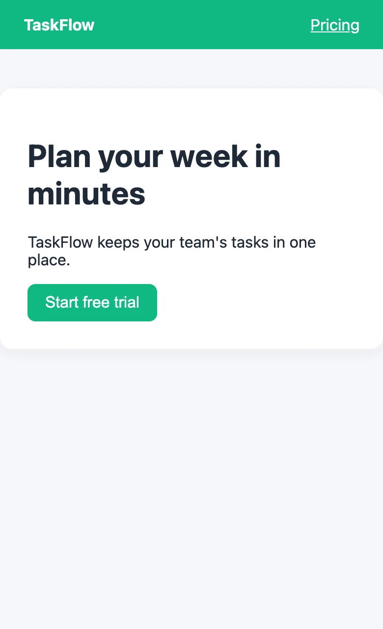 TaskFlow landing page at phone width, 390 pixels