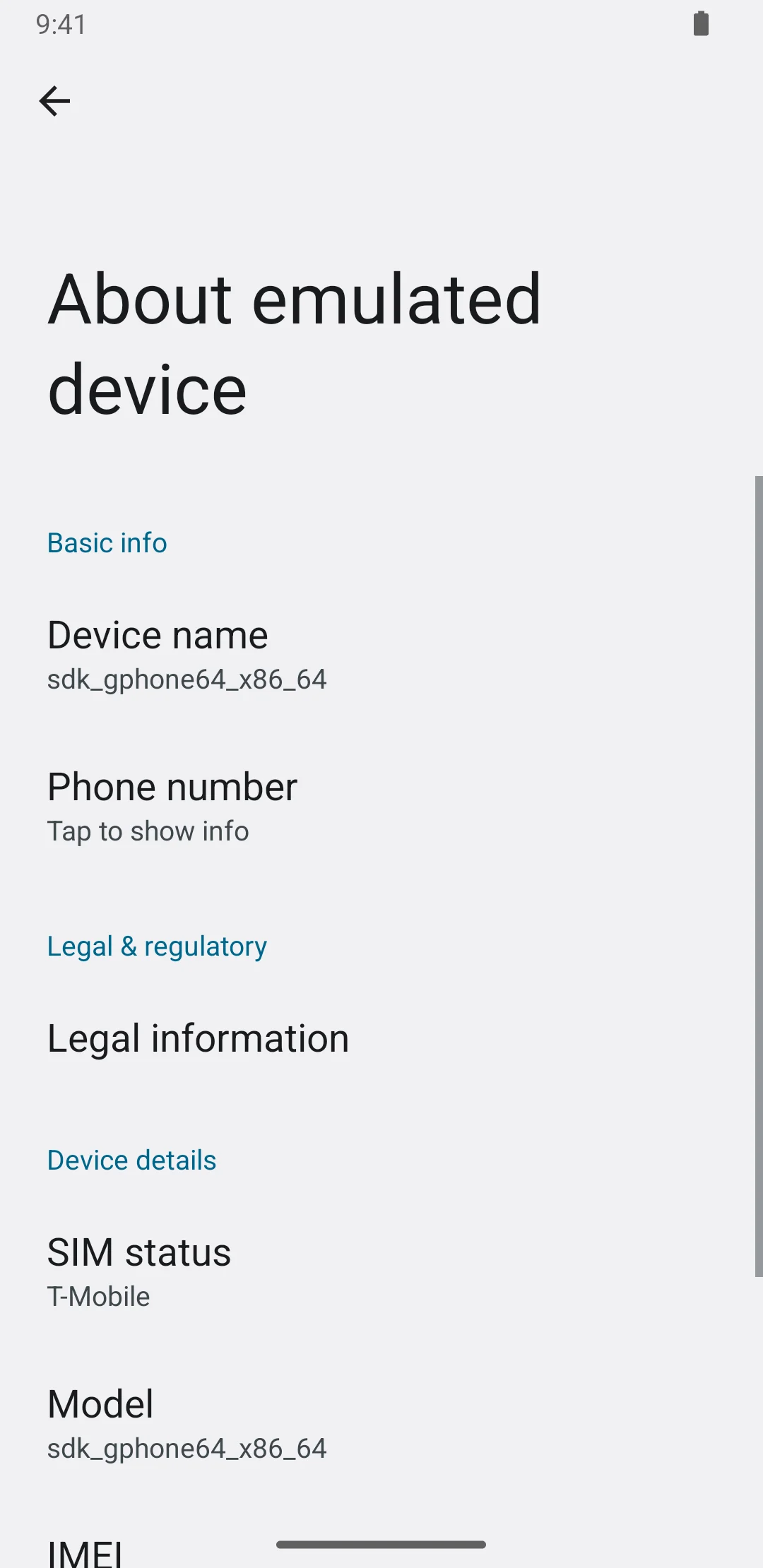 Android About emulated device screen showing device name, model and SIM status