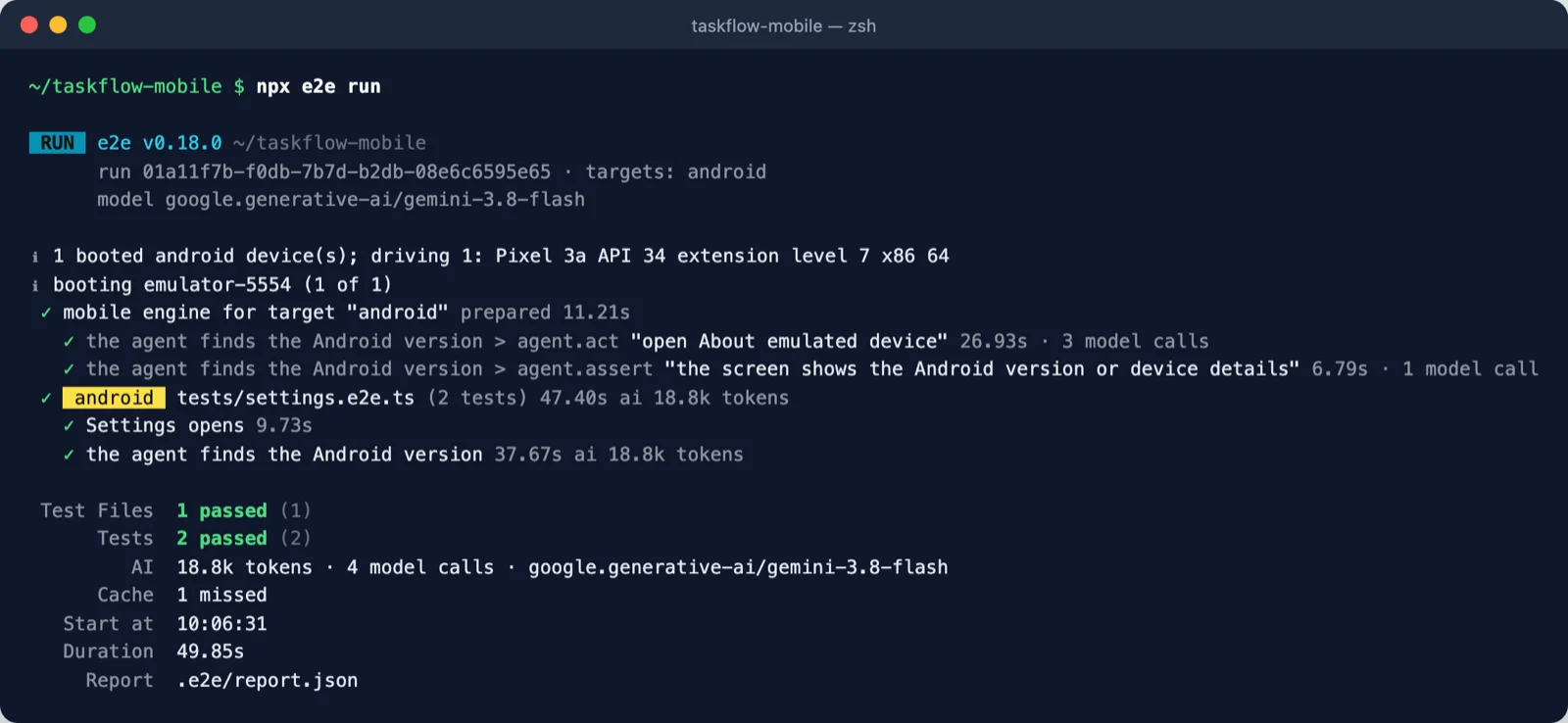 Terminal output of npx e2e run on Android with two passing tests in 49.85 seconds