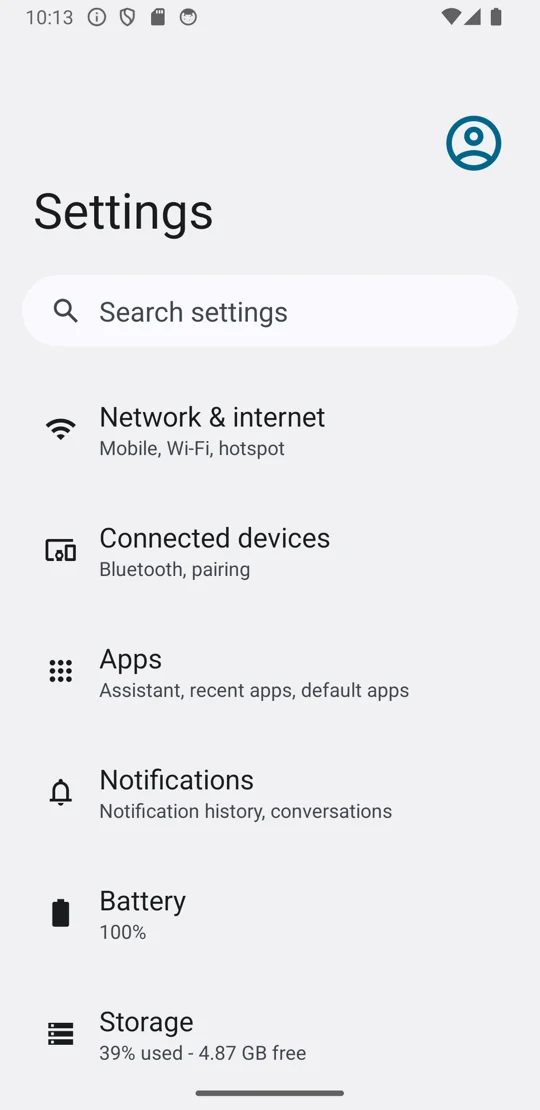 Android Settings home screen listing Network and internet, Connected devices, Apps and more