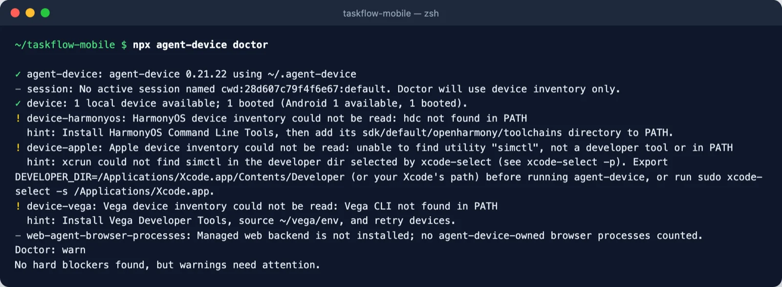 agent-device doctor output showing one booted Android device and warnings for Apple, HarmonyOS and Vega tooling