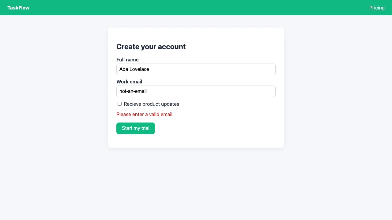 Failure screenshot of the sign-up form showing Please enter a valid email.
