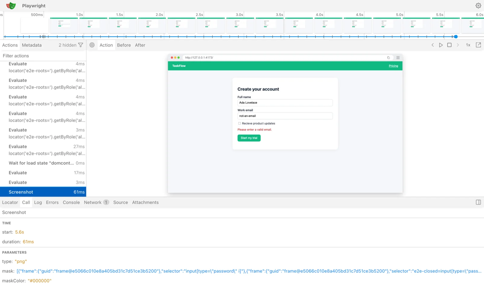Playwright trace viewer showing the action list, filmstrip and a DOM snapshot of the sign-up form with the error message