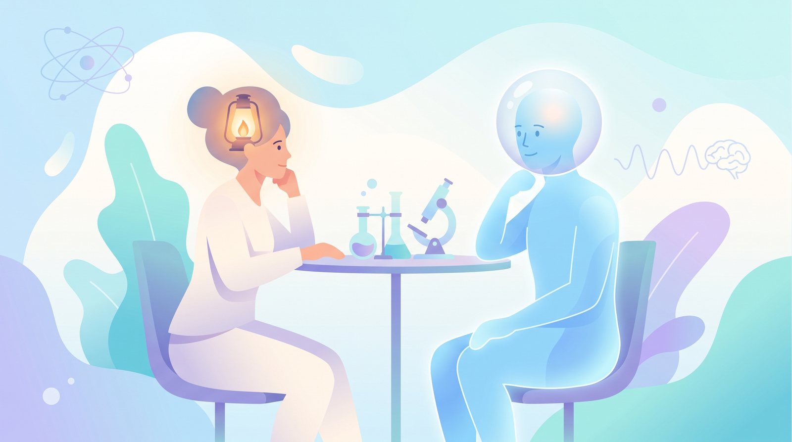 رسم توضيحي: امرأة في رأسها فانوس صغير مضيء تجلس إلى طاولة أمام كائن من ضوء أزرق رأسه كرة زجاجية شفافة