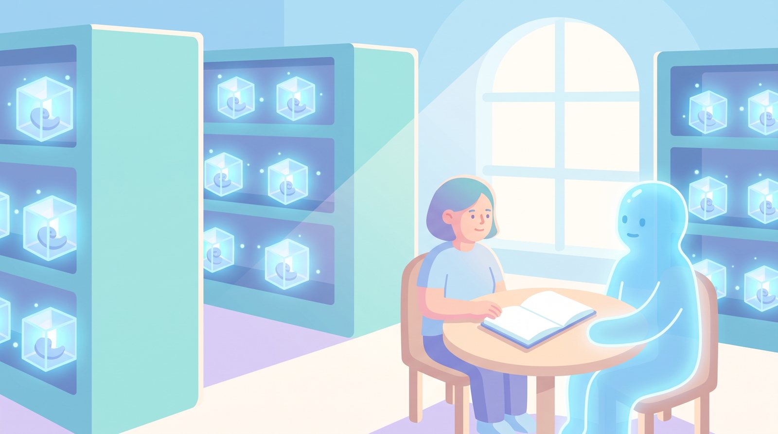 رسم توضيحي: في أرشيف هادئ من مكعّبات بلورية مضيئة، تجلس امرأة إلى طاولة صغيرة تحادث كائنًا أزرق شفّافًا، وبينهما دفتر مفتوح